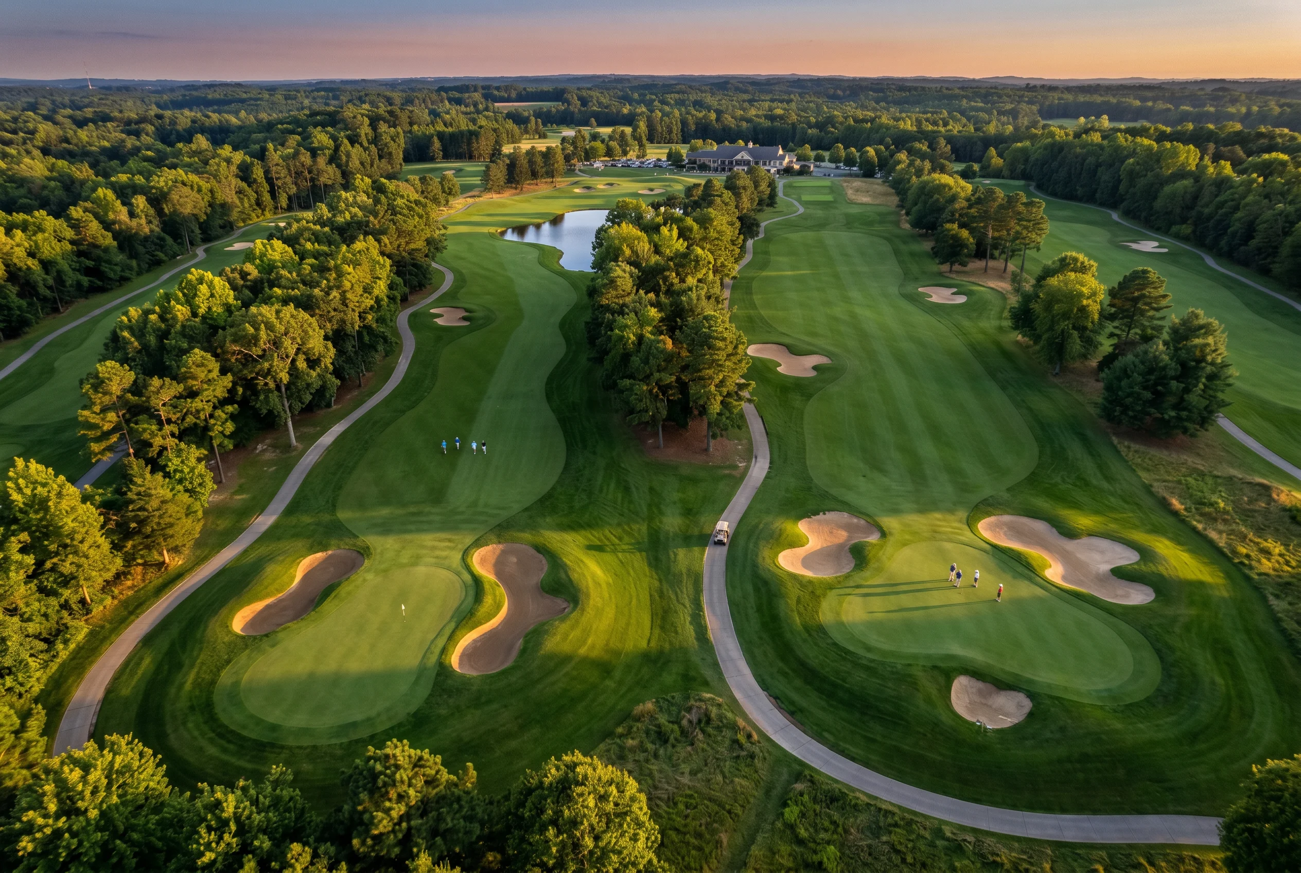 Vista aérea de un campo de golf mostrando fairways, bunkers y greens con distintas texturas