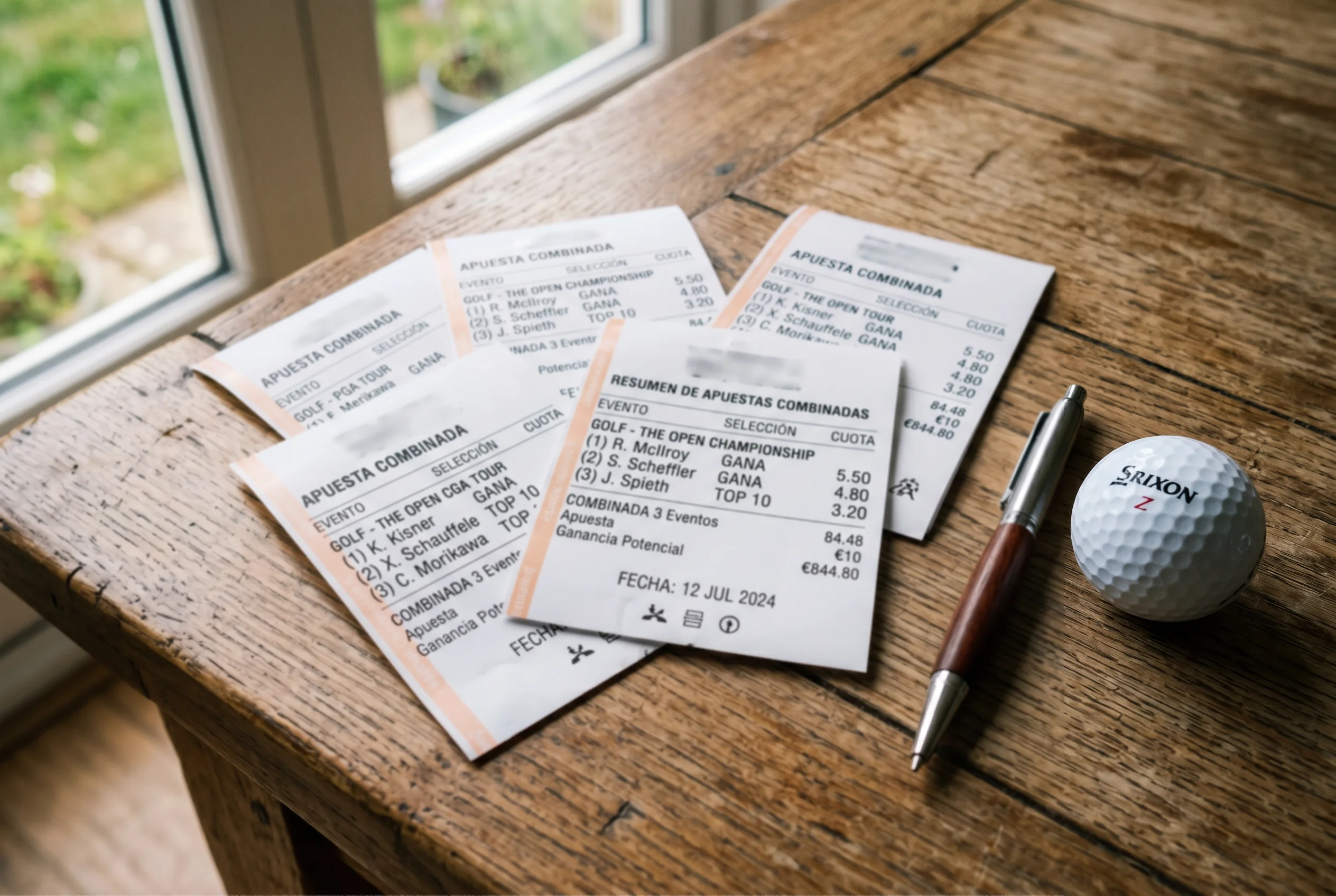 Varios tickets de apuestas deportivas de golf superpuestos sobre una mesa con un bolígrafo
