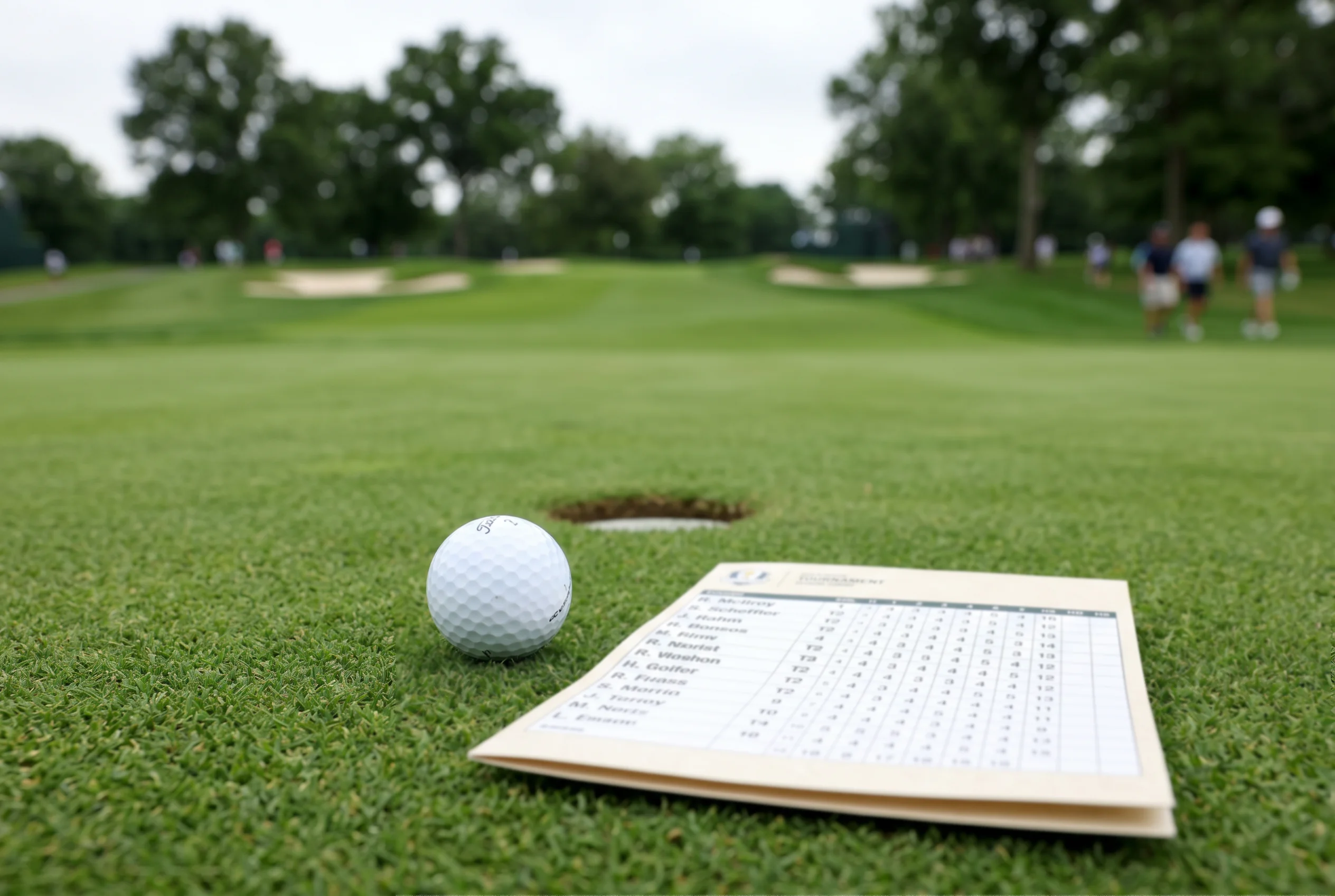 Pelota de golf junto a una tarjeta de puntuación con anotaciones de pago por posición en un torneo