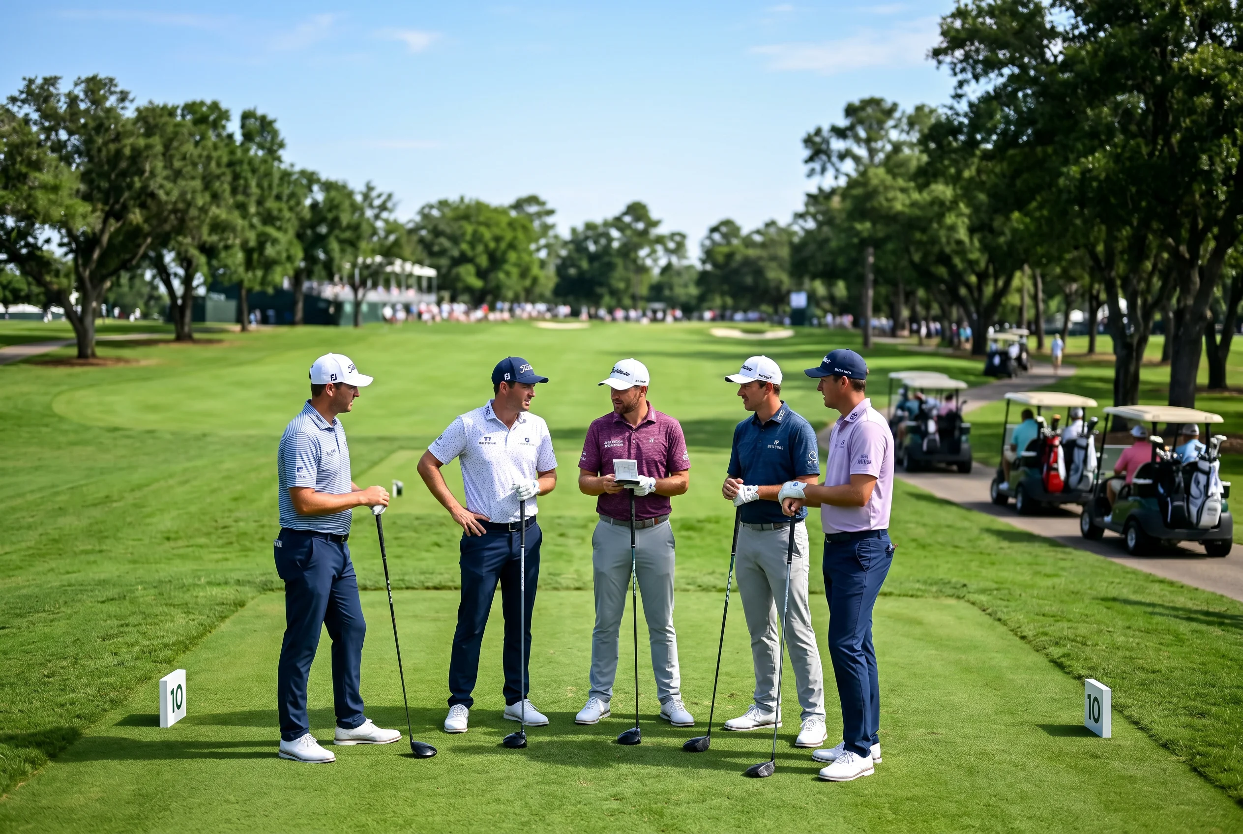Grupo de golfistas profesionales en el tee de salida de un evento con formato shotgun start