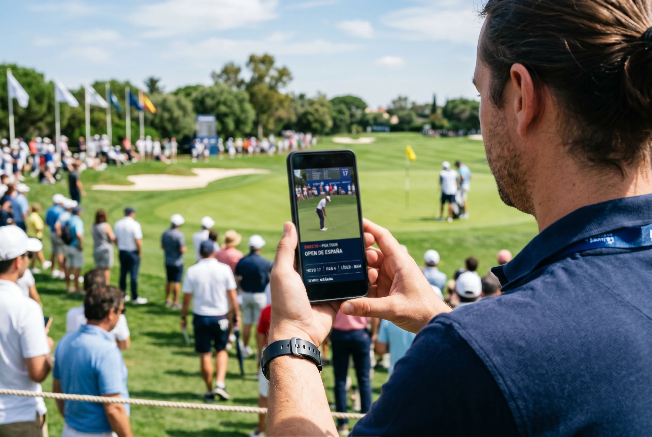 Persona sosteniendo un smartphone frente a un campo de golf durante un torneo en directo