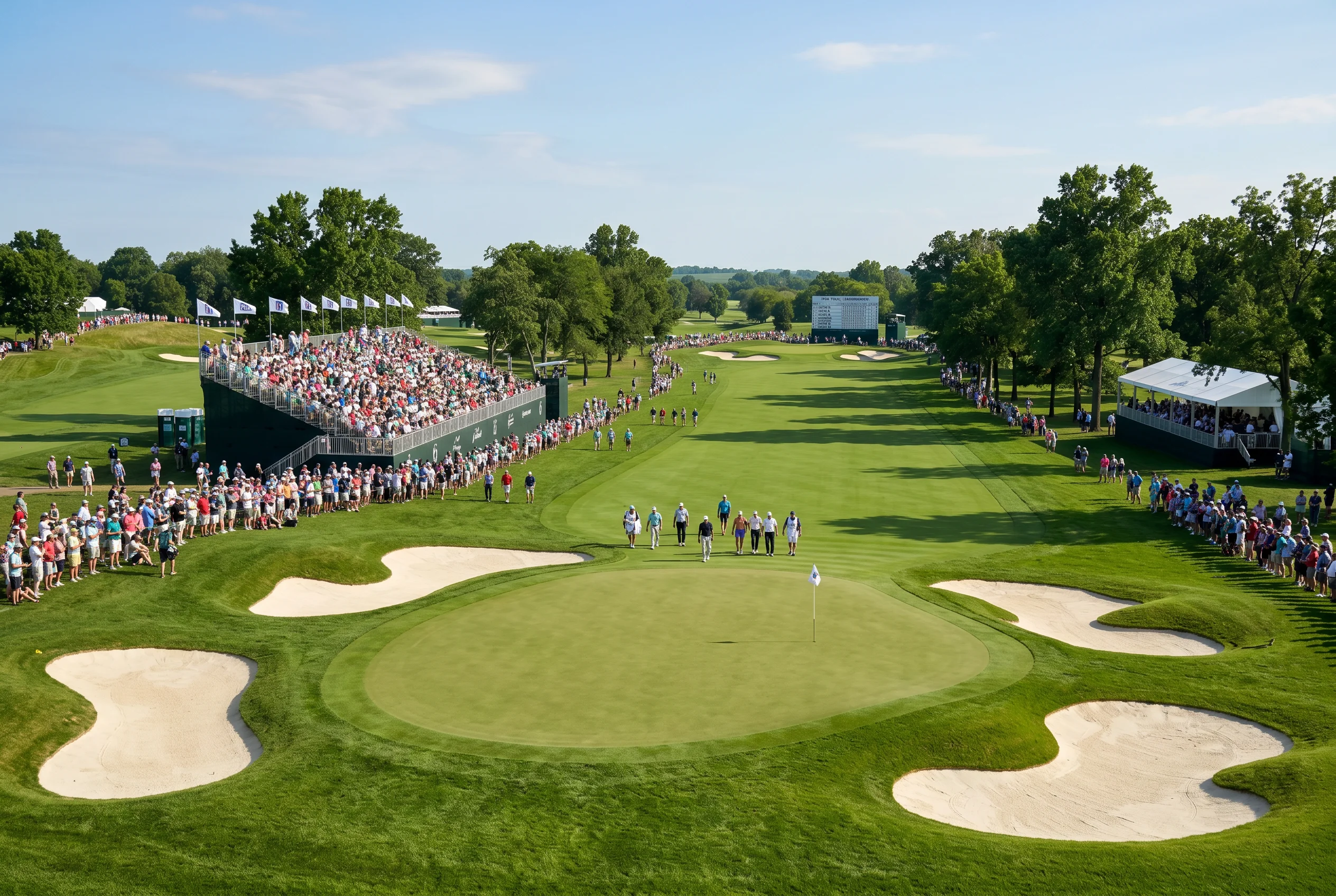 Fairway de un campo de golf del PGA Tour con tribunas y público durante un torneo