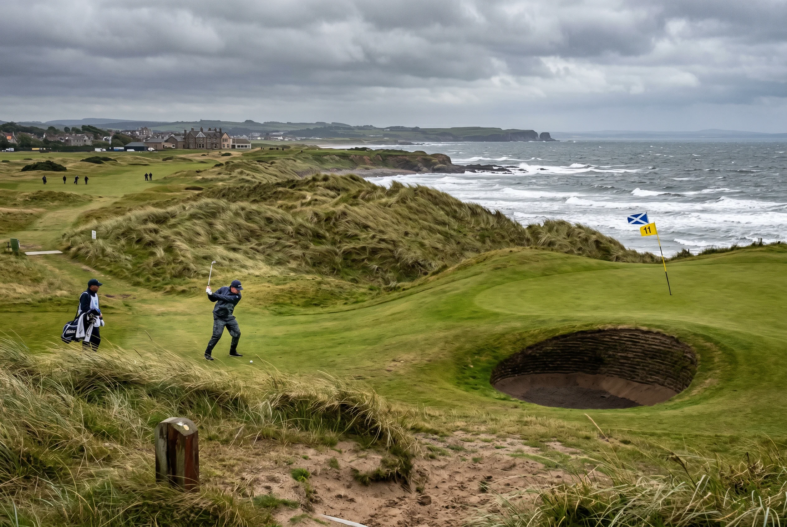 Campo de golf links escocés con dunas, cielo nublado y bandera ondeando por el viento