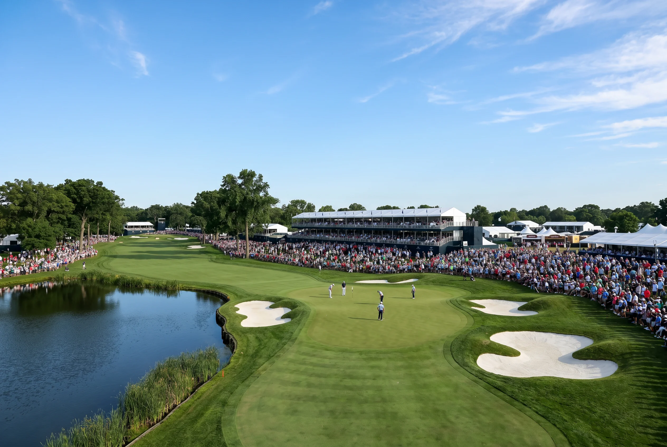 Fairway amplio de un campo de campeonato PGA con agua y bunkers estratégicos