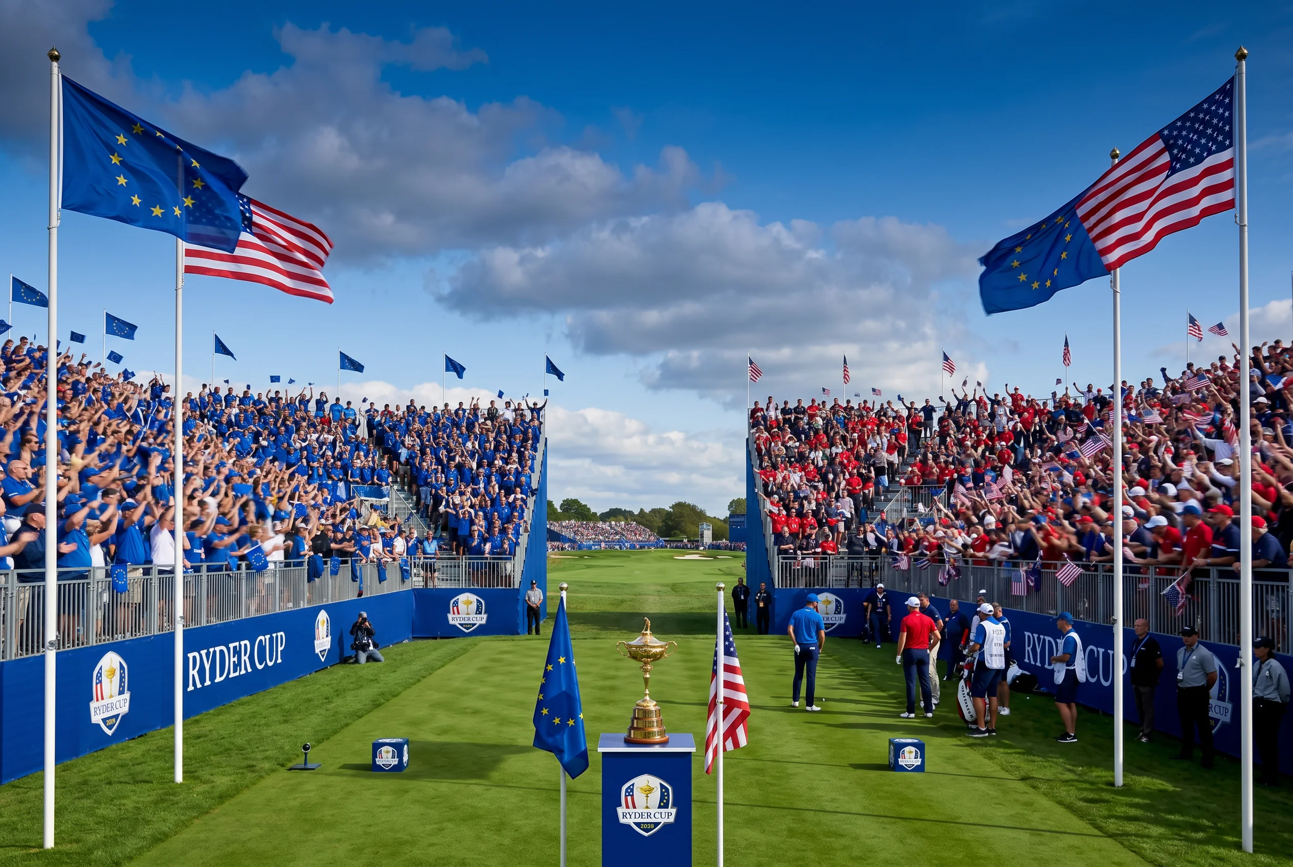 Tee de salida de la Ryder Cup con banderas de Europa y Estados Unidos y público en las gradas