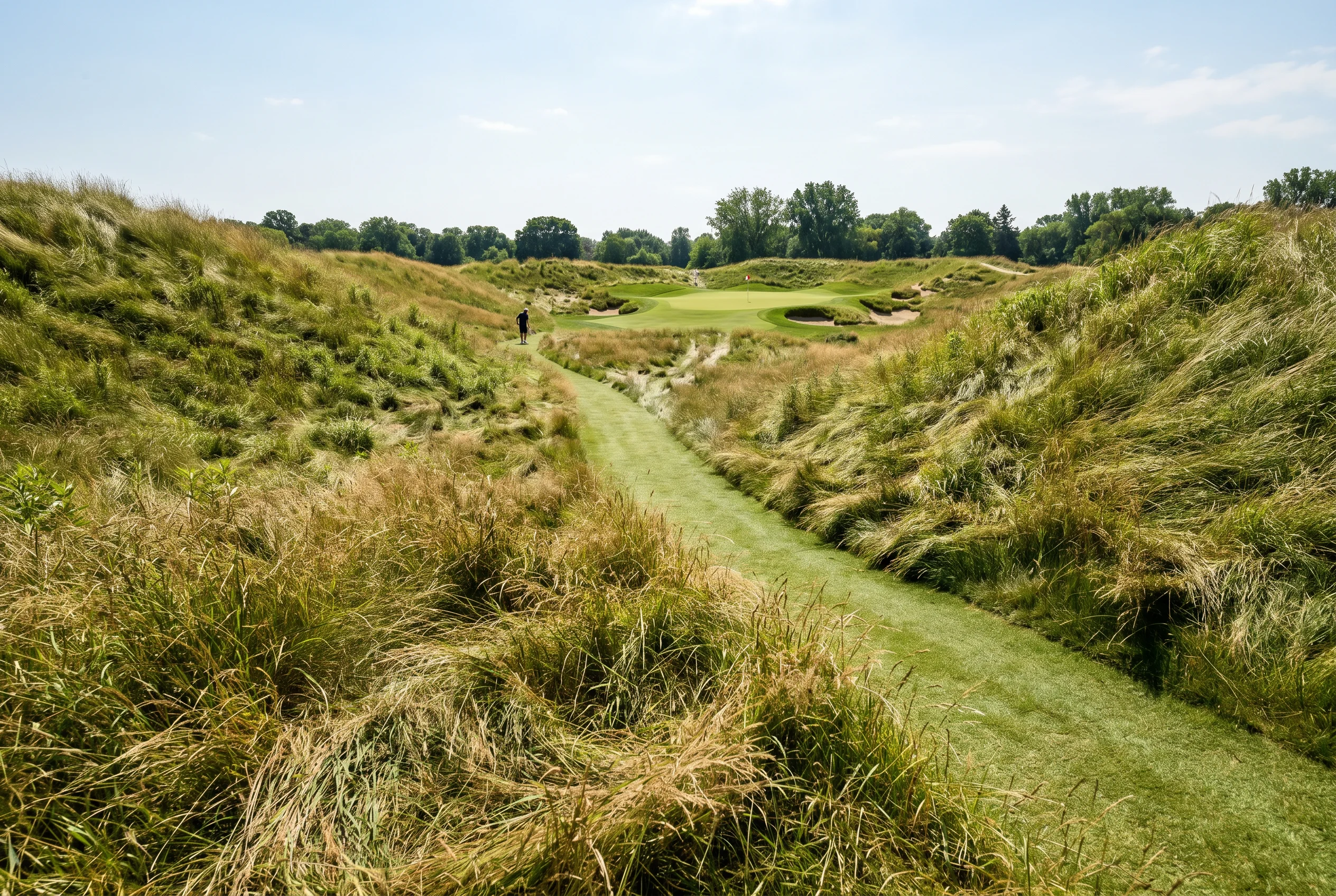 Rough alto y denso junto a un fairway estrecho típico del setup del US Open de golf
