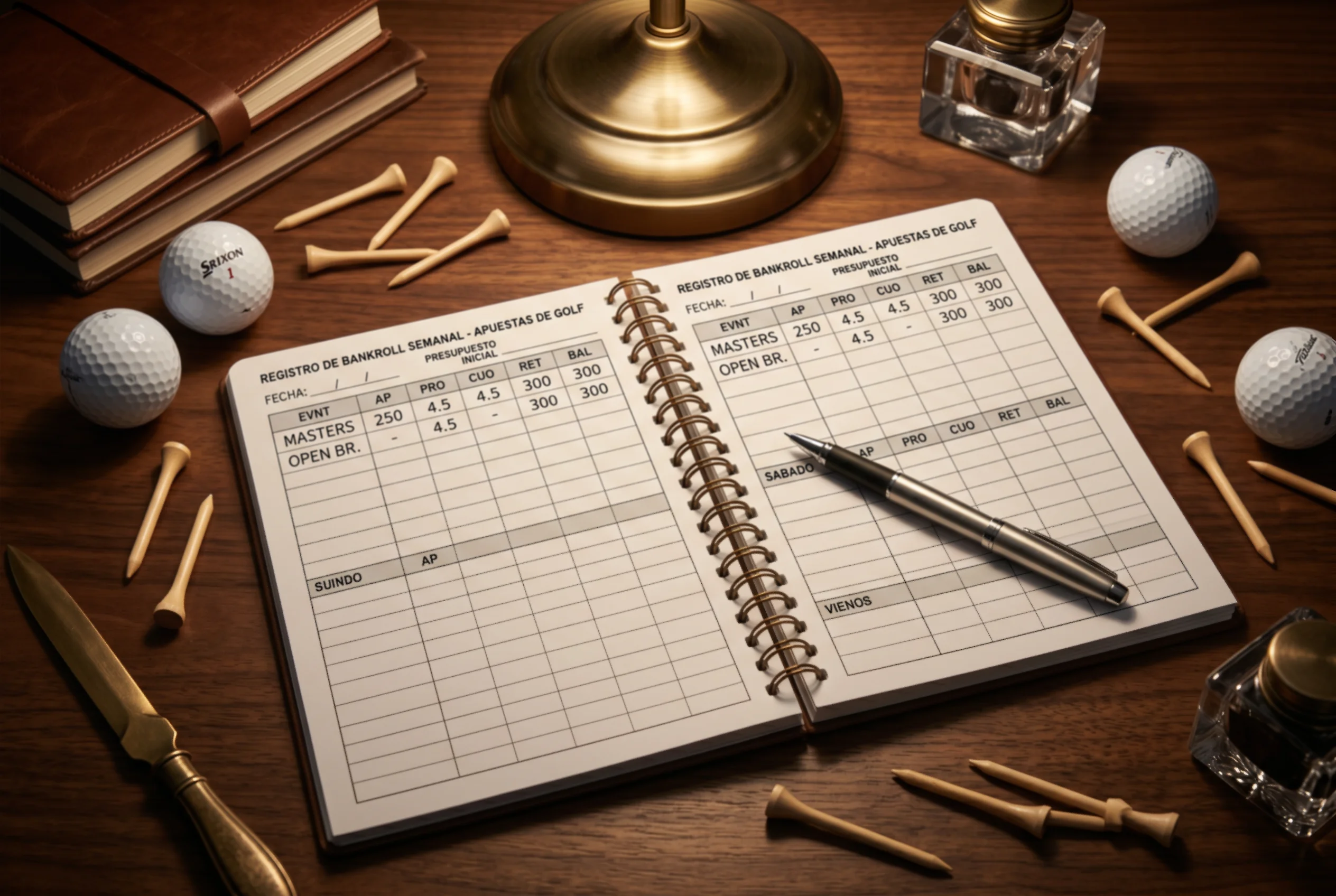 Libreta de anotaciones con presupuesto semanal junto a pelotas de golf sobre una mesa