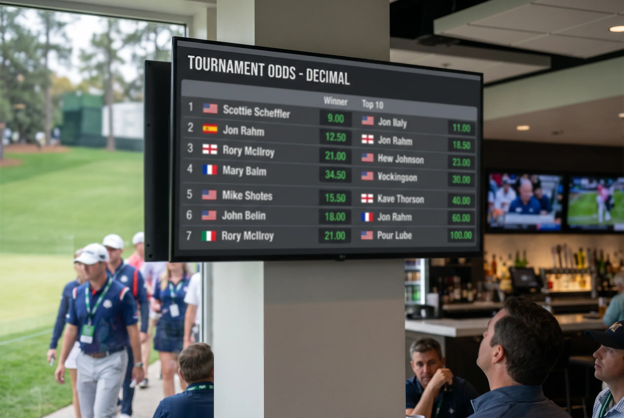 Tablero de cuotas de un torneo de golf con números decimales y nombres de jugadores