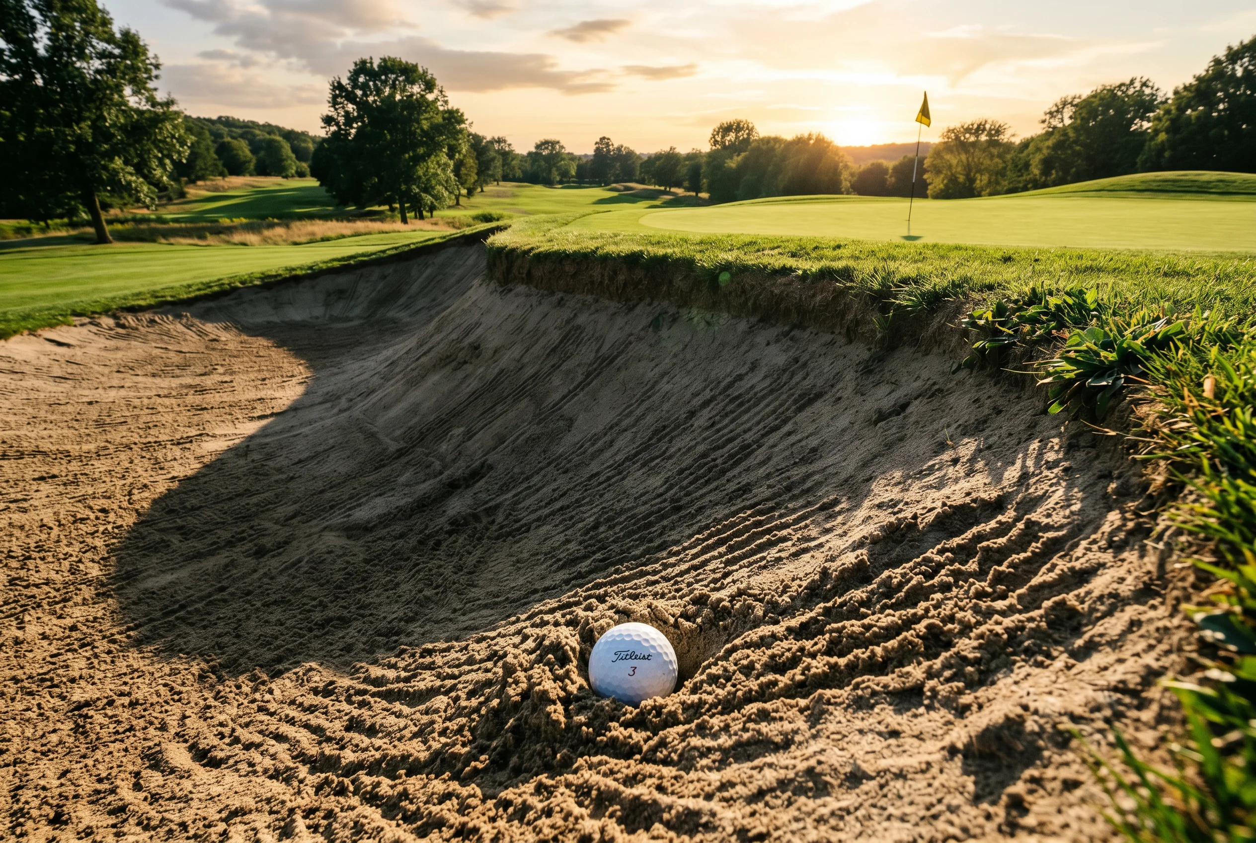 Pelota de golf en un bunker profundo simbolizando un error estratégico en el juego