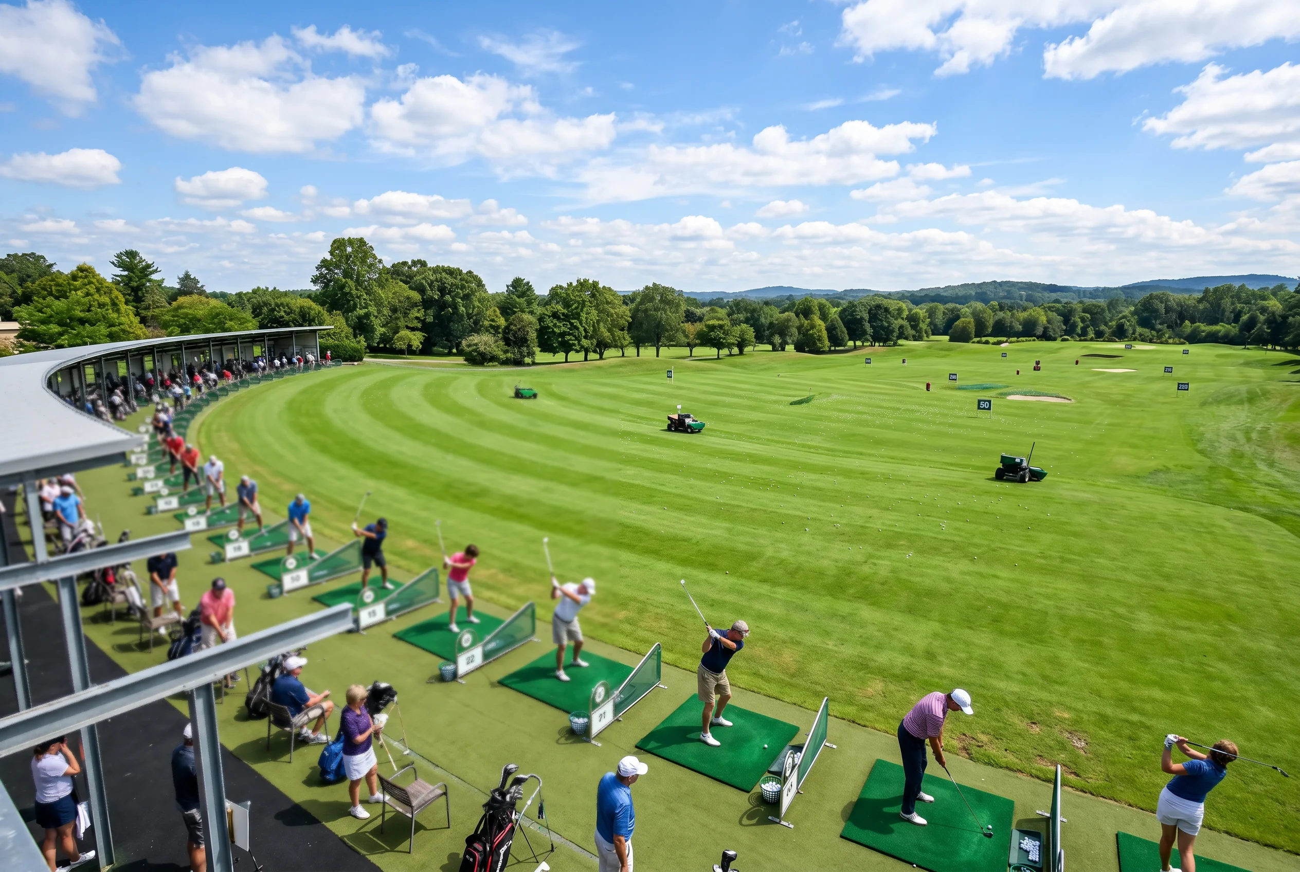 Driving range lleno de golfistas practicando en un día soleado visto desde una posición elevada