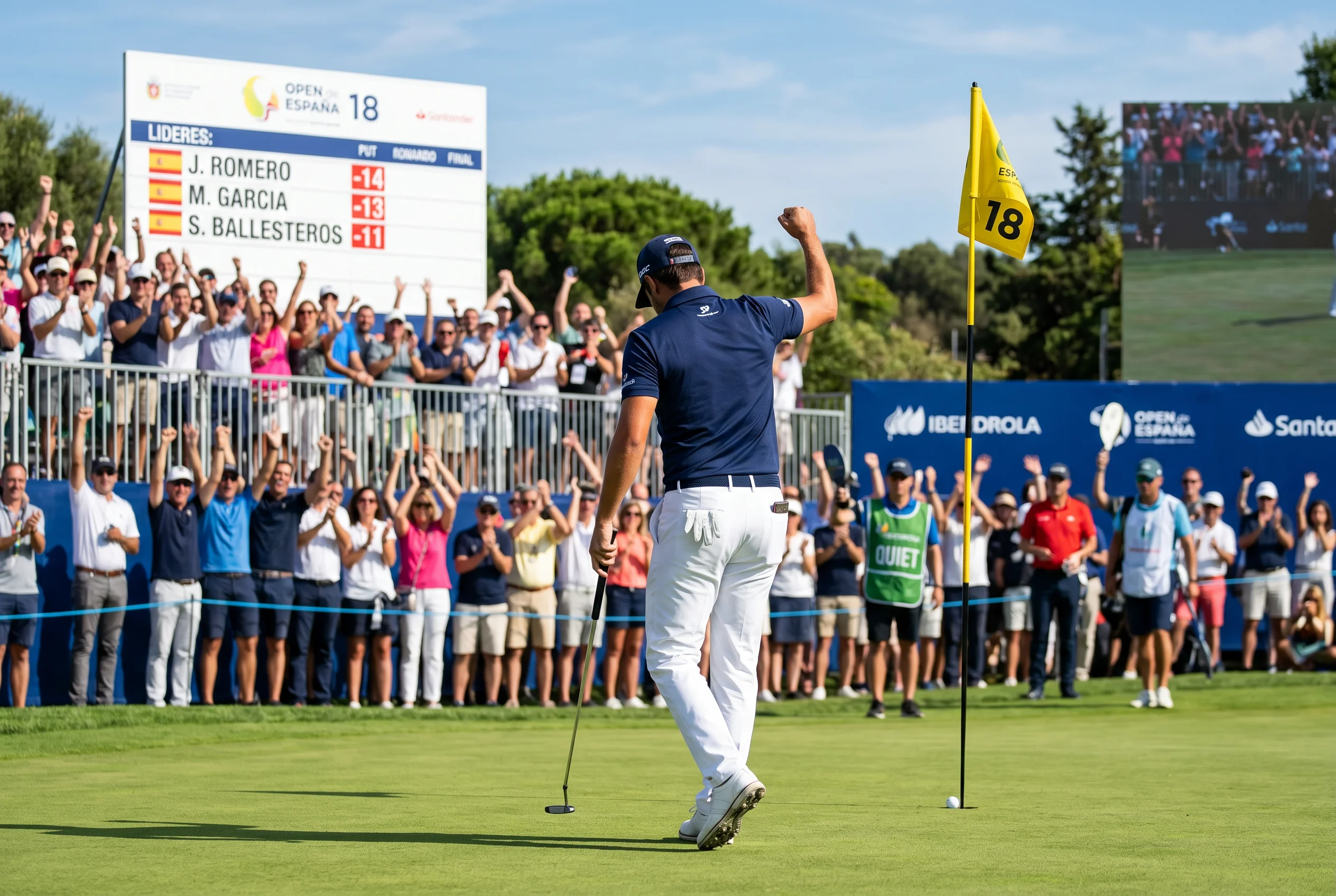 Golfista celebrando un putt en un green de torneo profesional con público aplaudiendo