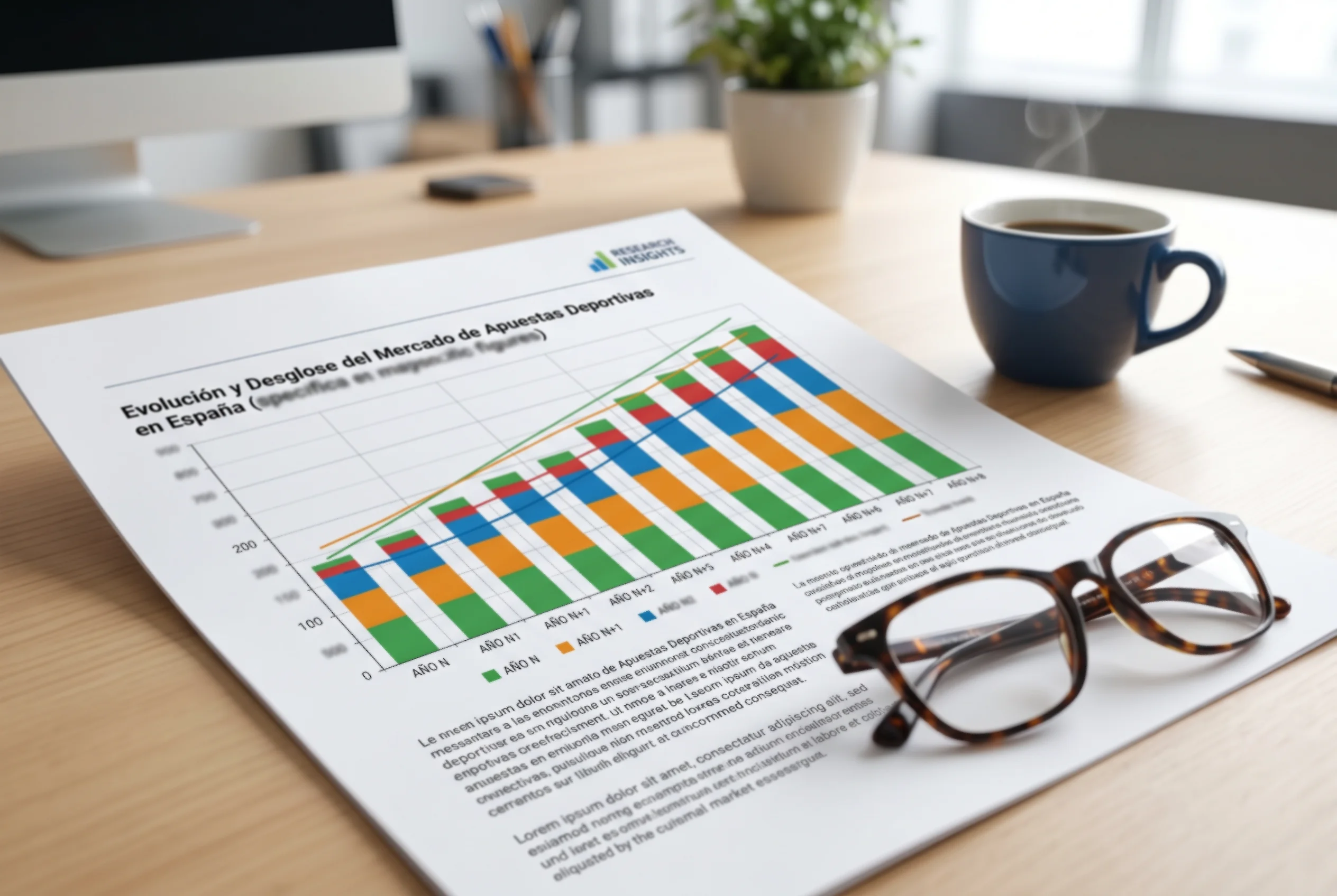 Gráfico de barras impreso sobre un informe de mercado de apuestas deportivas en una mesa de trabajo