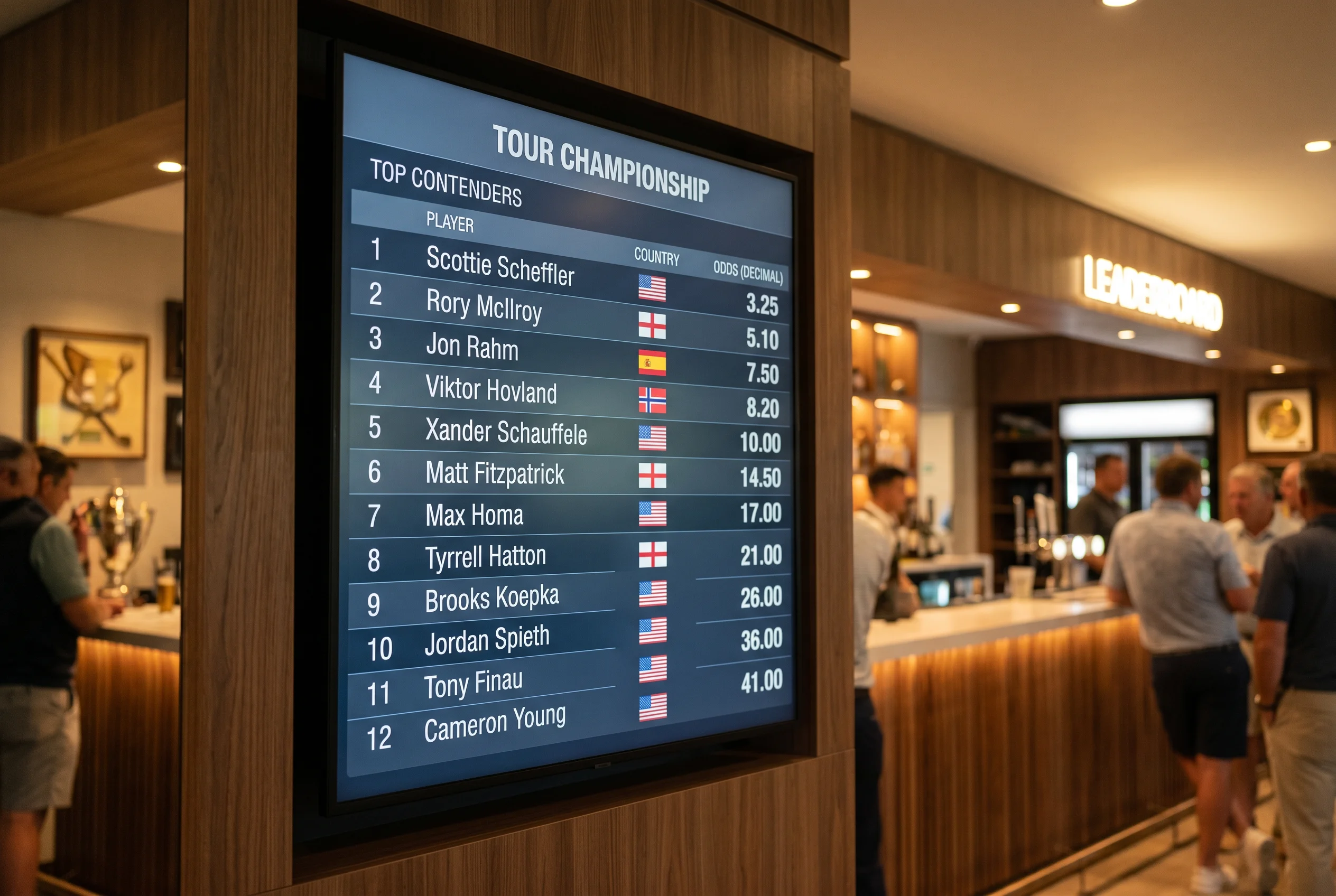Pantalla de cuotas de un torneo de golf mostrando múltiples jugadores y sus líneas de apuestas