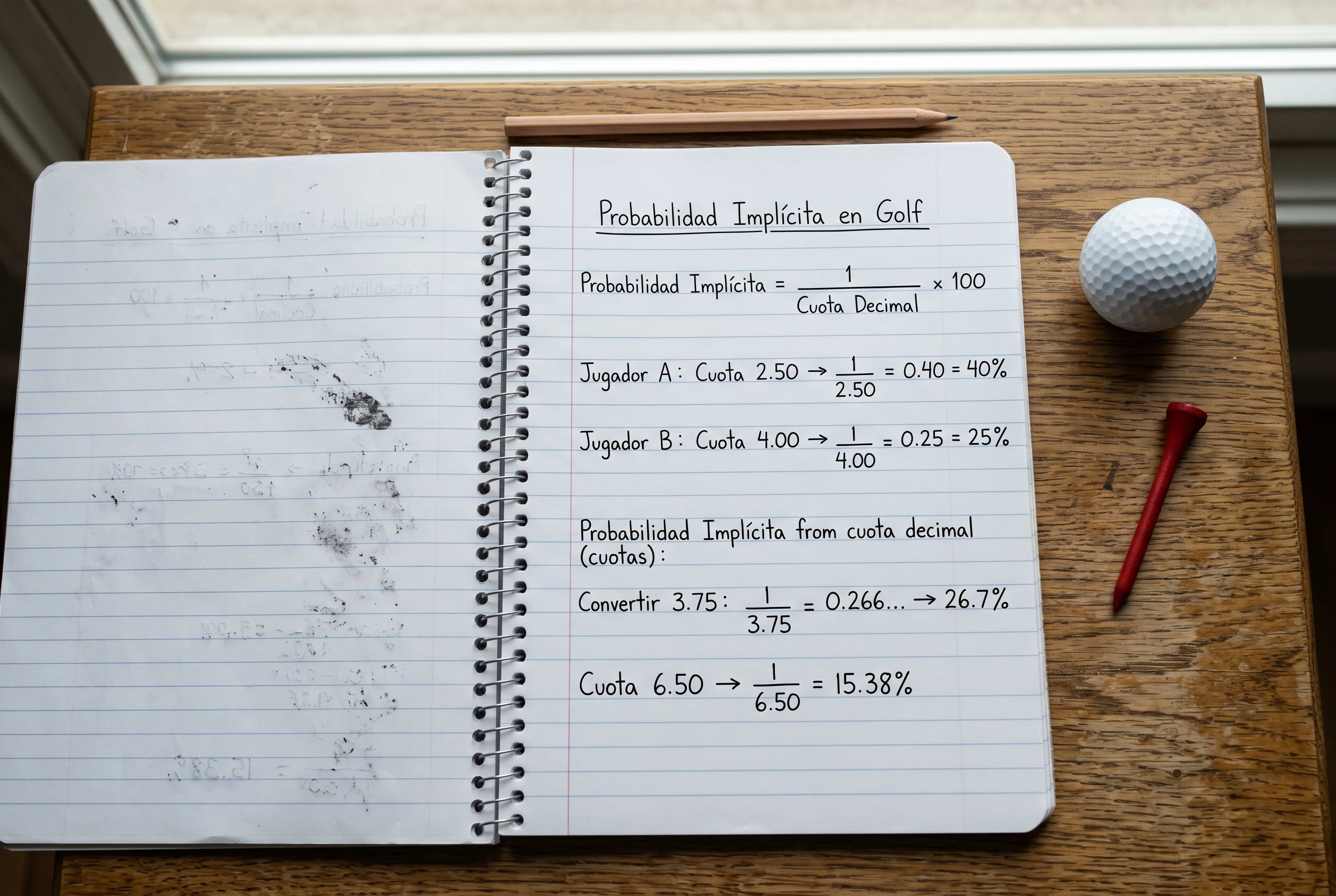 Cuaderno con cálculos de probabilidad y cuotas decimales junto a un green de golf