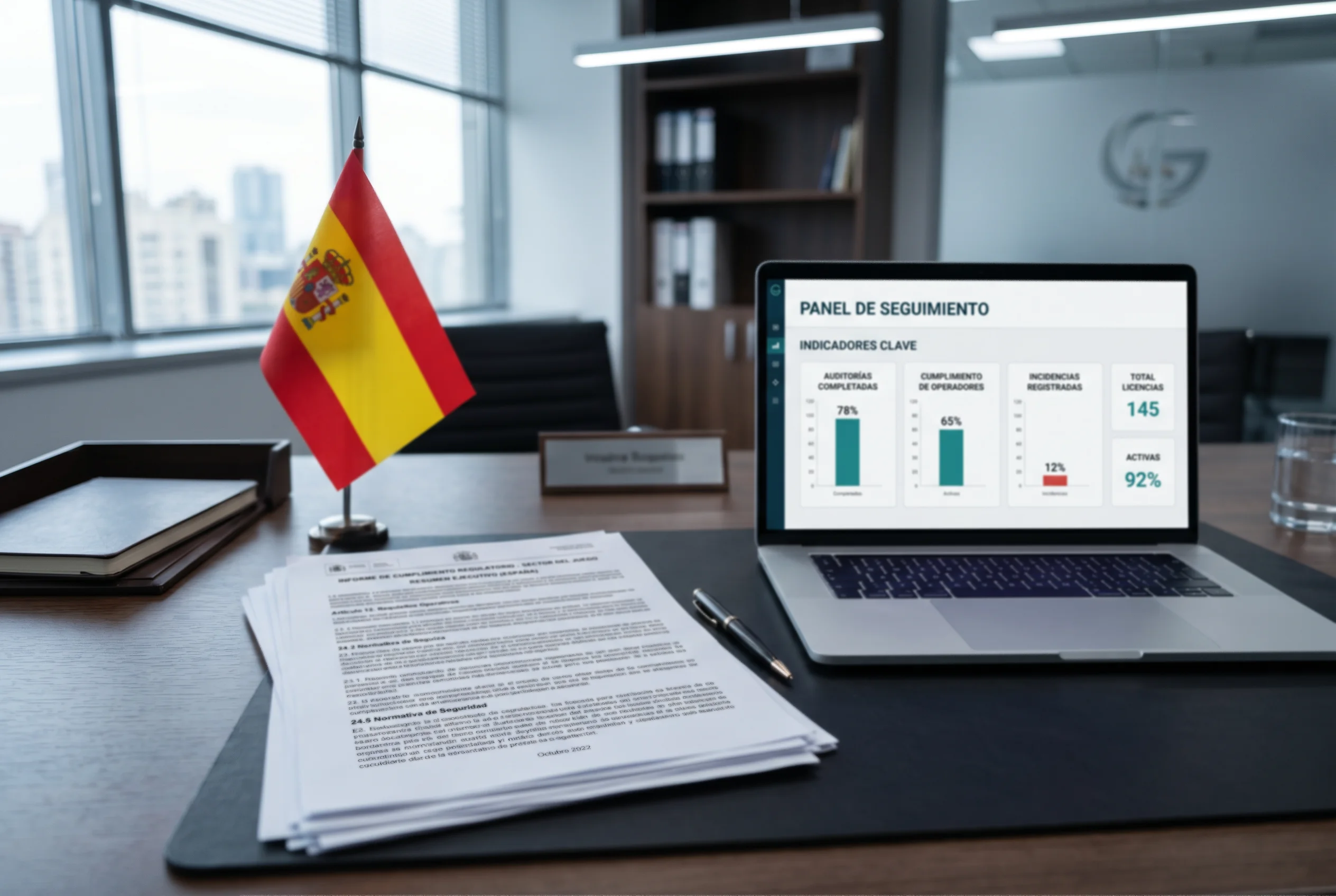 Documento oficial de licencia de la DGOJ sobre un escritorio junto a un portátil mostrando datos del mercado de apuestas