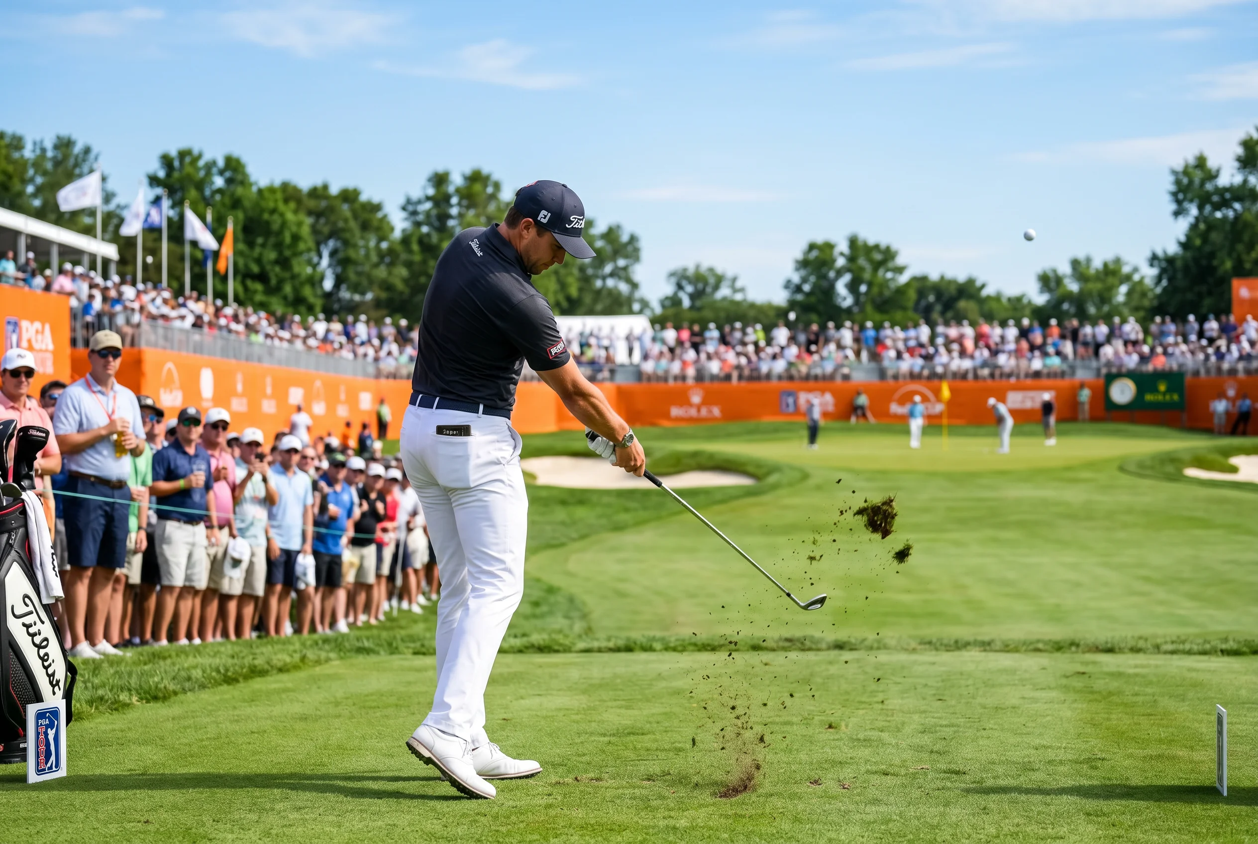 Golfista ejecutando un golpe de approach con hierro en un fairway de torneo profesional