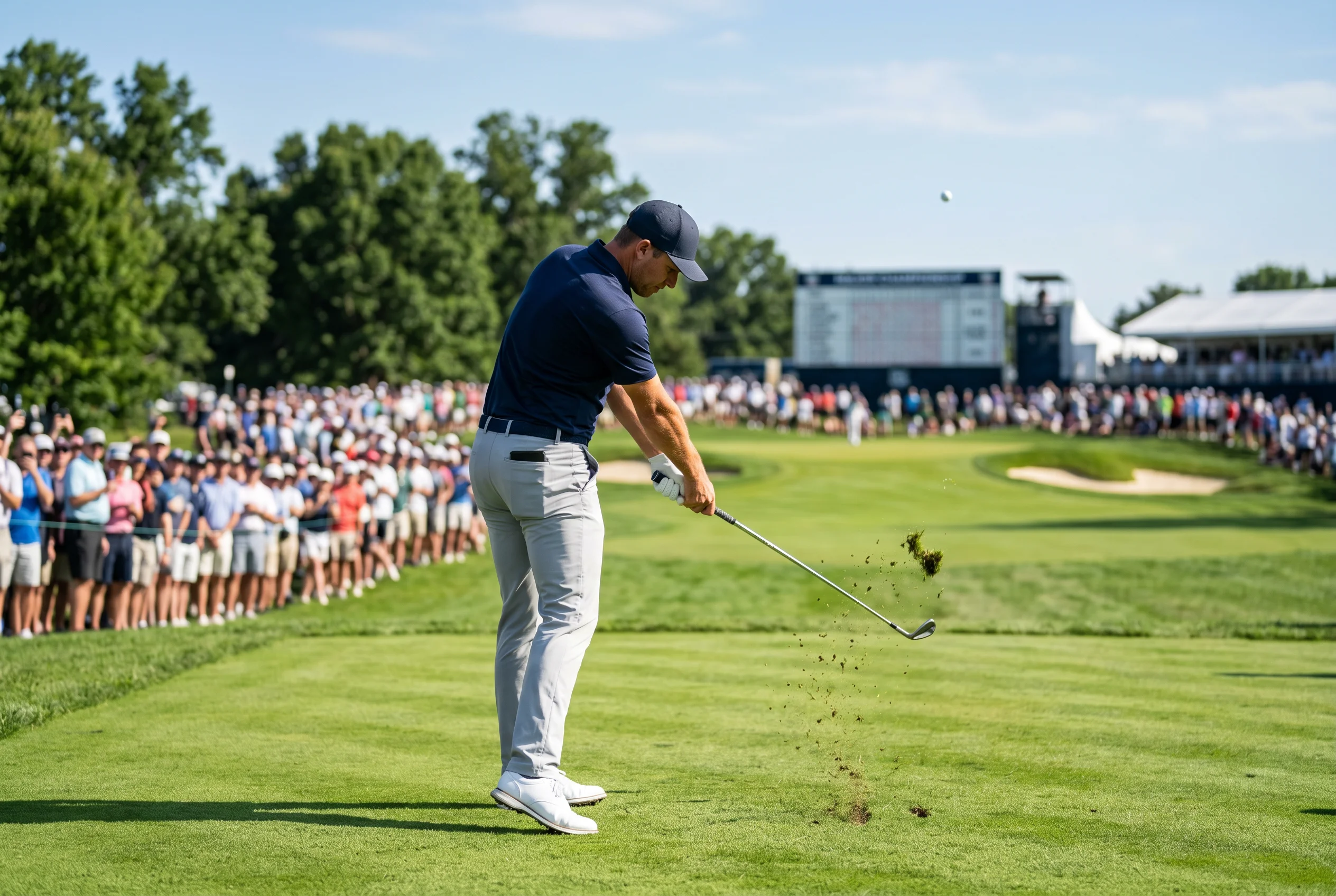 Golfista profesional ejecutando un golpe de aproximación en un campo de campeonato Major con galerías de espectadores