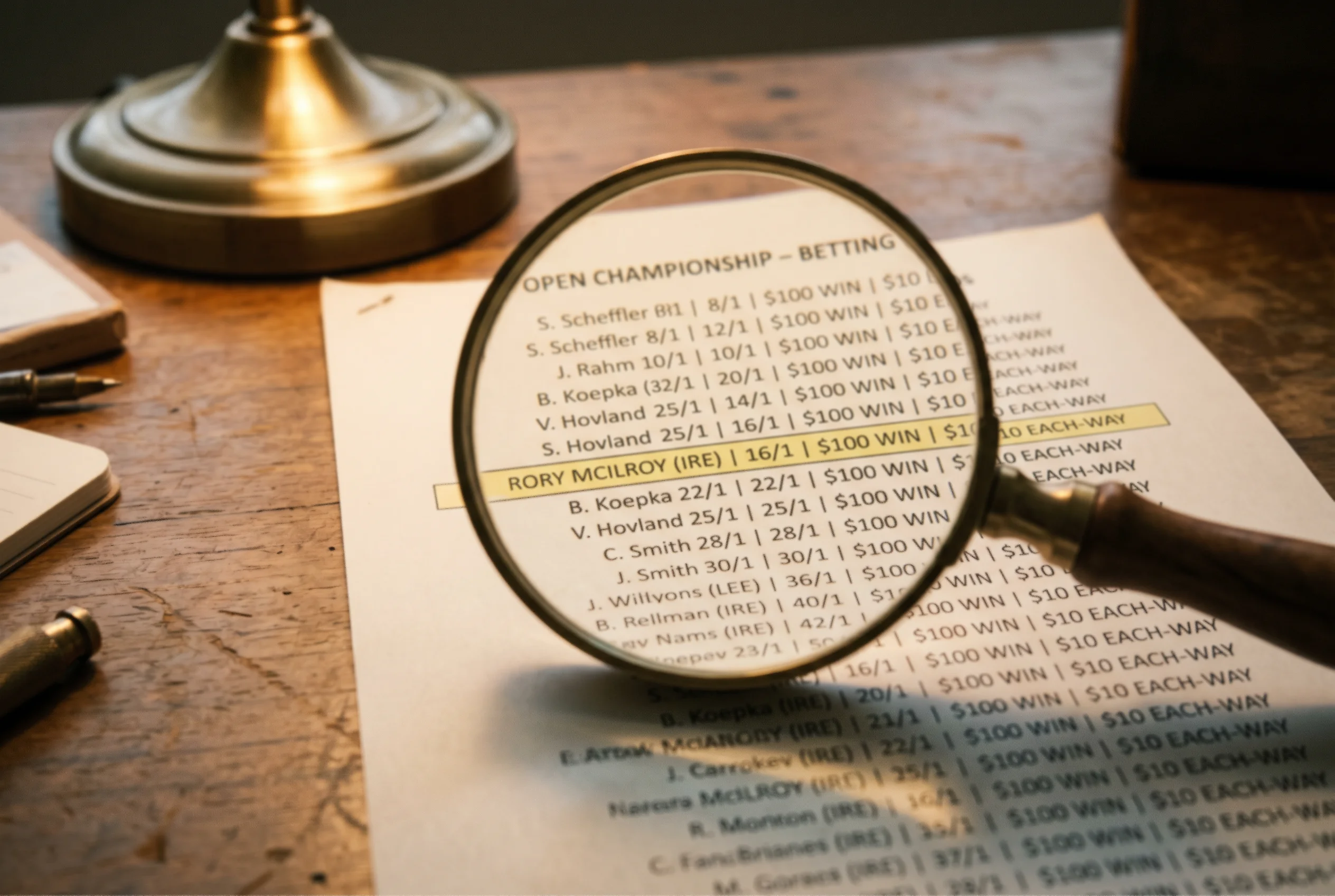 Lupa sobre una lista de cuotas de golf destacando una línea con ventaja potencial